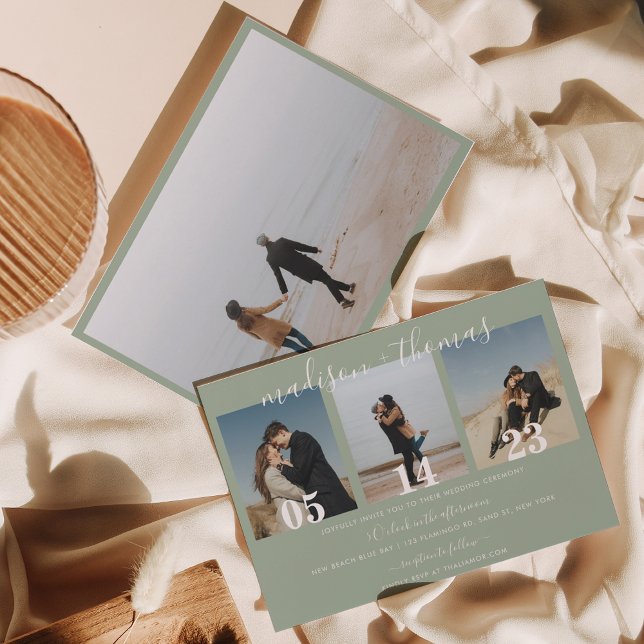 Convite Casamento de Colagem de Fotos do Script Verde Rust (Criador carregado)