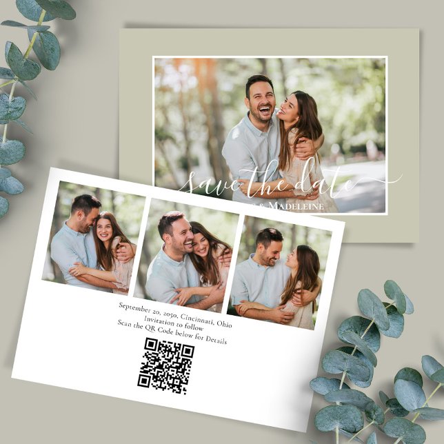 Convite Casamento de Colagem de Fotos Elegante Salve a Dat (Wedding save-the-date photo card with a scannable QR code. )