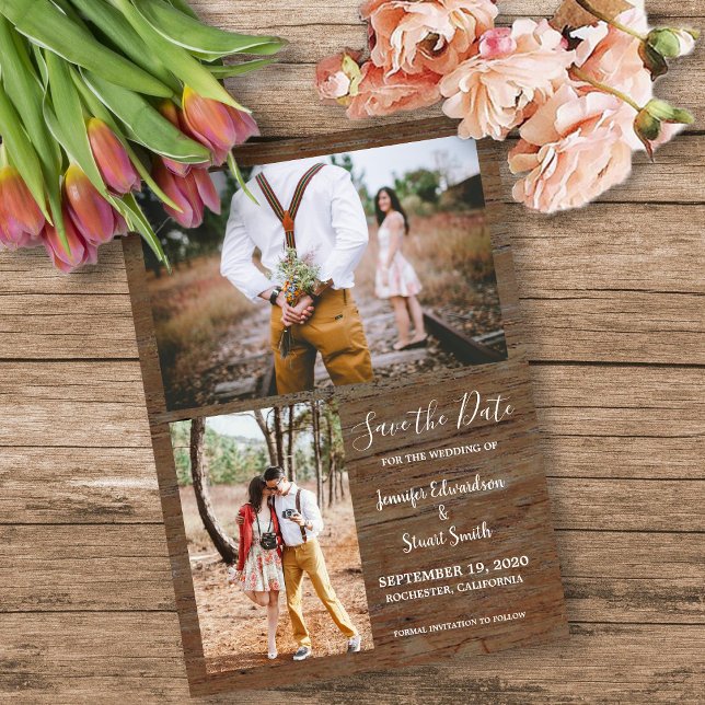Convite Casamento de colagem de fotos em celeiro russo (Rustic barn wood photo collage rustic wedding invitation.)