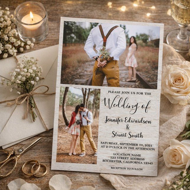 Convite Casamento de colagem de fotos em madeira de celeir (Create your own rustic country barn wood photo collage wedding invitation.)