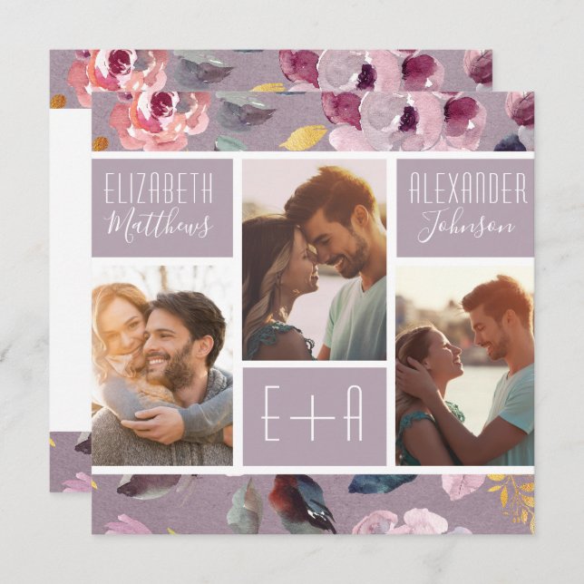 Convite Casamento de Colagem de Fotos Floral Moderna Lilac (Frente/Verso)