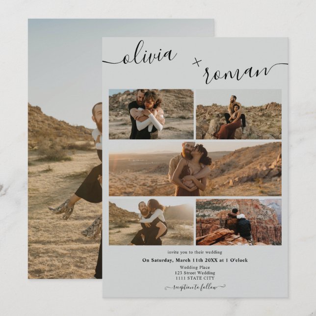 Convite Casamento de colagem em grade de fotos com cinzas  (Frente/Verso)