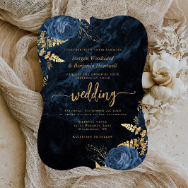 Convite Casamento de Colchete Floral Azul Naval Dourado El