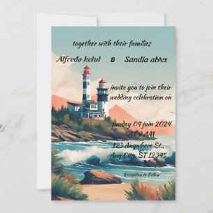 Convite Casamento de coloração d'água com farol de praia d
