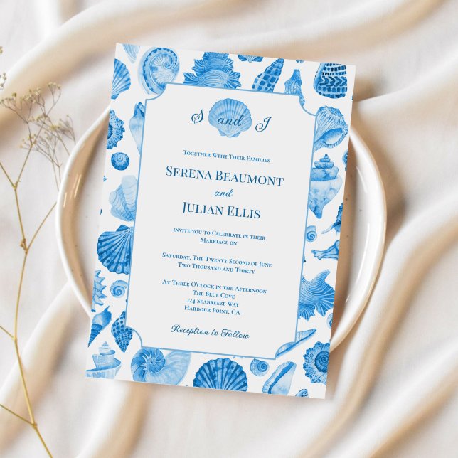 Convite Casamento de Concha Marinha Azul Centáurea Costeir (Cornflower Blue Coastal Seashell Wedding Invitation)
