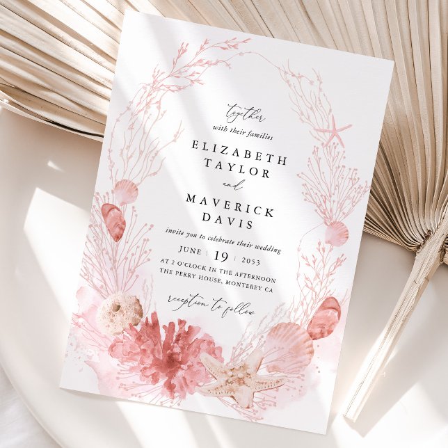 Convite Casamento de Concha Marinha Costeira Rosa (Beach Wedding Invitation Blush Coastal Seashell Invitation Pink Ocean Destination Wedding Card)