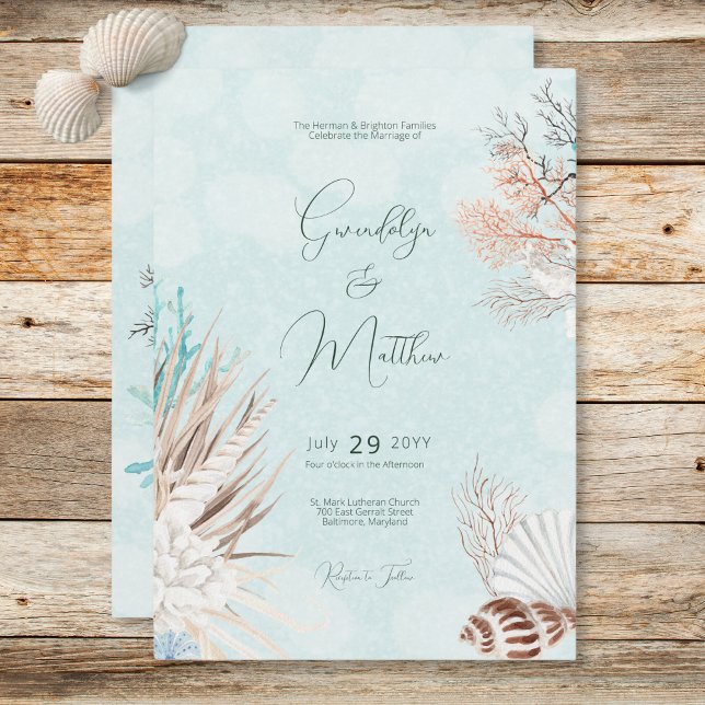 Convite Casamento de Conchas do Oceano Aqua Moderno (Modern Aqua Ocean Shells Wedding Invitation)