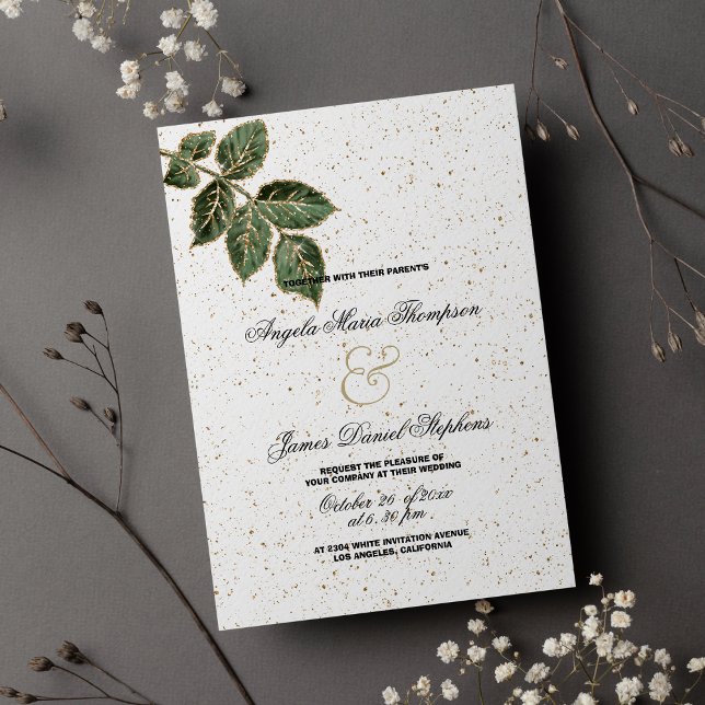 Convite Casamento de confete de folha de ouro verde-branco (White green gold glitter leaf confetti wedding)