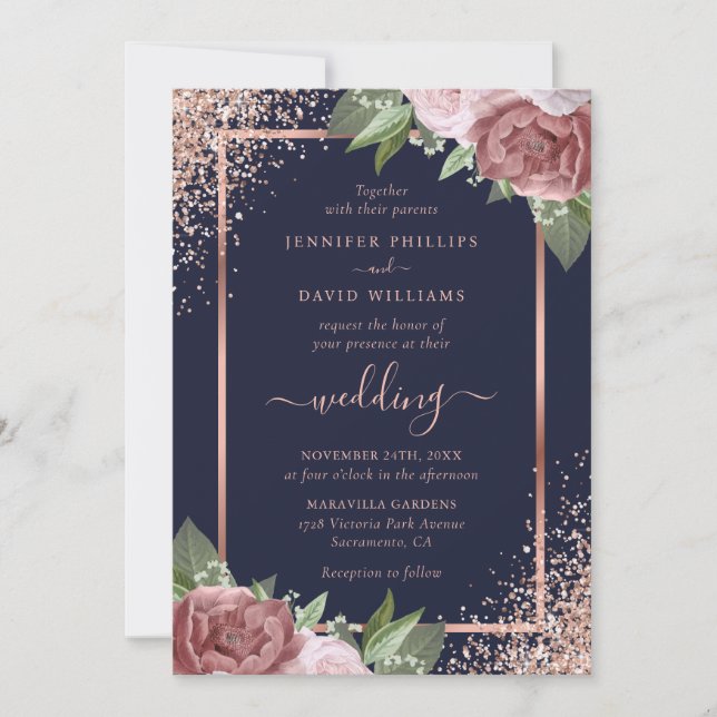 Convite Casamento de Confetti Dourado com Rosa Azul-Marinh (Frente)