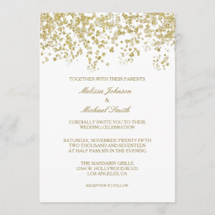 Convite Casamento de Confetti, Dourado e Branco Elegante