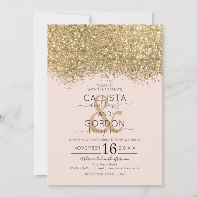 Convite Casamento de Confetti, Dourado Lúpulo Rosa,  Moder (Frente)