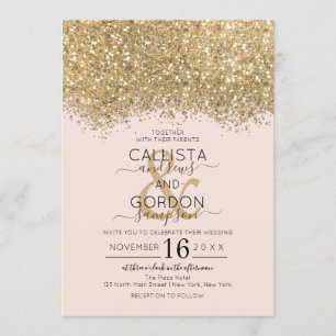Convite Casamento de Confetti, Dourado Lúpulo Rosa,  Moder