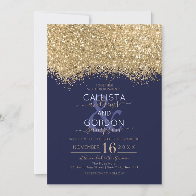 Convite Casamento de Confetti, Dourado Marinho de luxo mod (Frente)