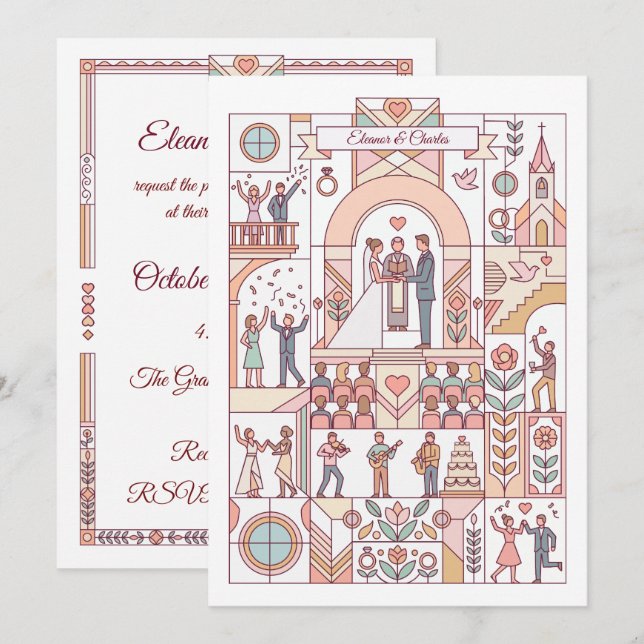 Convite Casamento de Conto de Fadas Art Déco (Frente/Verso)