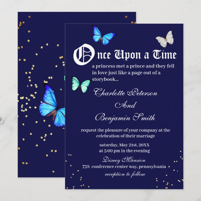 Convite Casamento de Conto de Fadas Borboleta Azul Marinho (Frente/Verso)