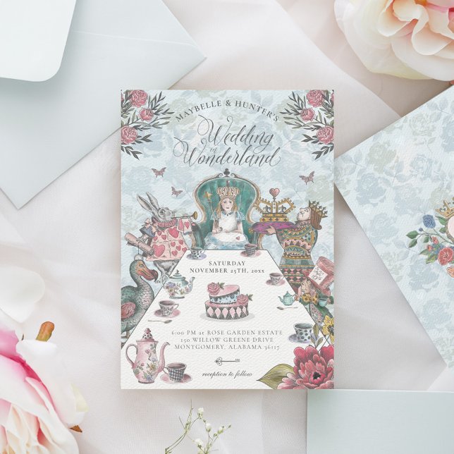 Convite Casamento de conto de fadas de Alice no País das M (Alice in Wonderland Tea Party Fairytale Wedding Invitation)