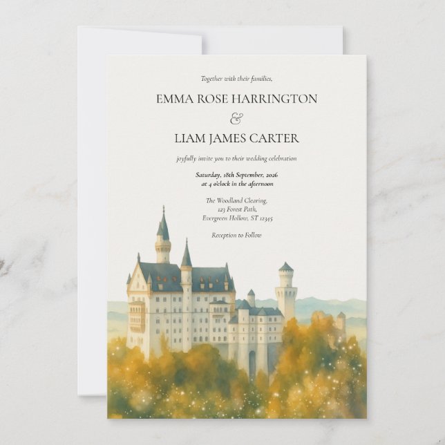 Convite Casamento de Conto de Fadas Elegante no Castelo (Frente)