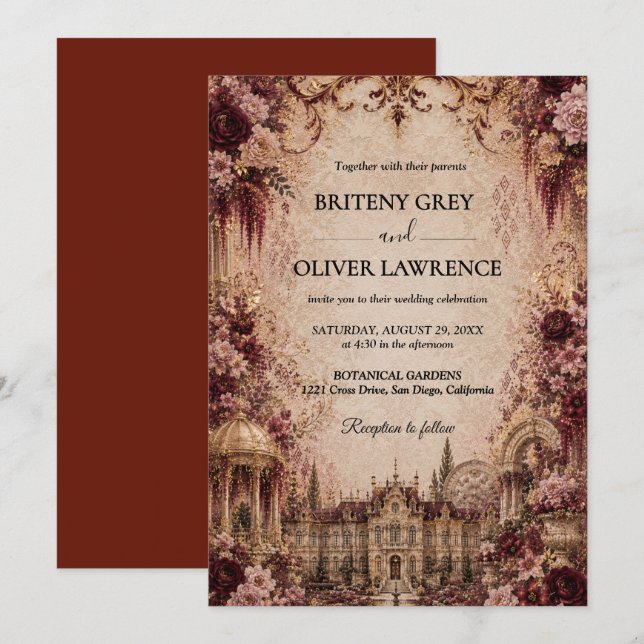 Convite Casamento de Conto de Fadas em Castelo Elegante e  (Frente/Verso)