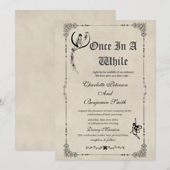 Convite Casamento de Conto de Fadas Vintage em Livro de Hi (Frente/Verso)