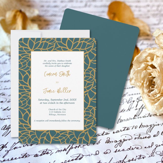 Convite Casamento de Contorno de Folhagem Dourada do Aztec (Aztec Gold Foliage Outline Wedding Invitation)