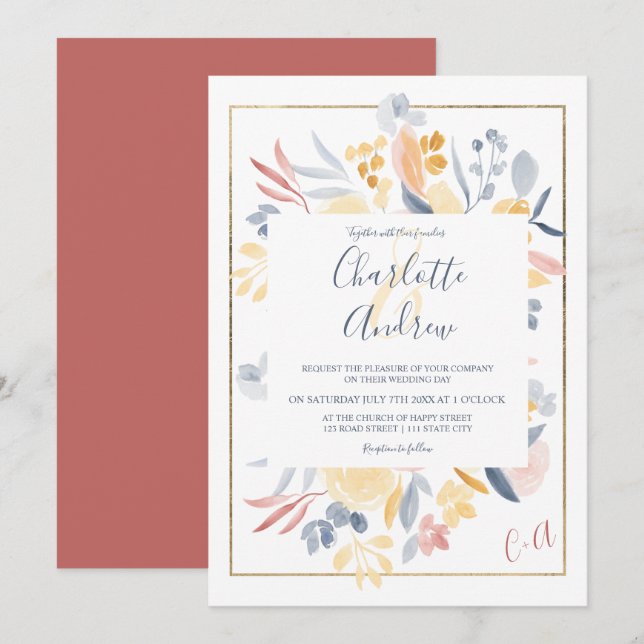 Convite Casamento de cor aquosa floral azul-vermelha (Frente/Verso)