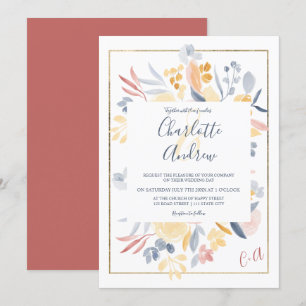 Convite Casamento de cor aquosa floral azul-vermelha