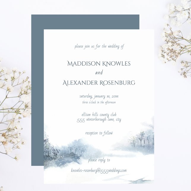 Convite Casamento de Cor de Água Azul e Branca com RSVP (Blue and White Soft Watercolor Wedding Invitation)