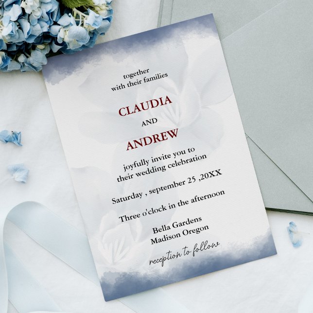 Convite Casamento de Cor de Água Botânica Floral Azul Dust (Criador carregado)
