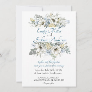 Convite Casamento de Cor de Água Floral Azul e Branco Eleg