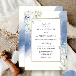 Convite Casamento de Cor de Água Floral Azul e Branco Eleg