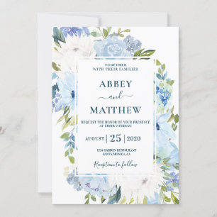Convite Casamento de cor de água floral Dusty Blue