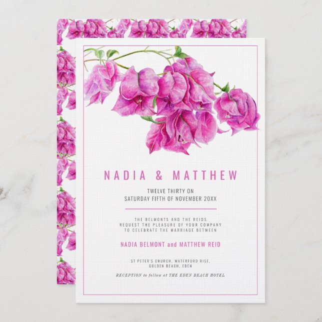 Convite Casamento de cor-de-água roxa-rosa Bougainvillea (Frente/Verso)