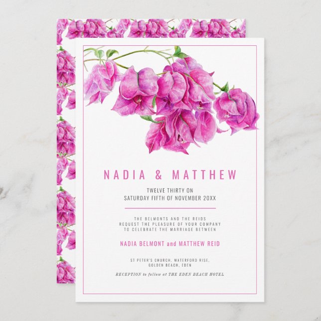 Convite Casamento de cor-de-água roxa-rosa Bougainvillea (Frente/Verso)