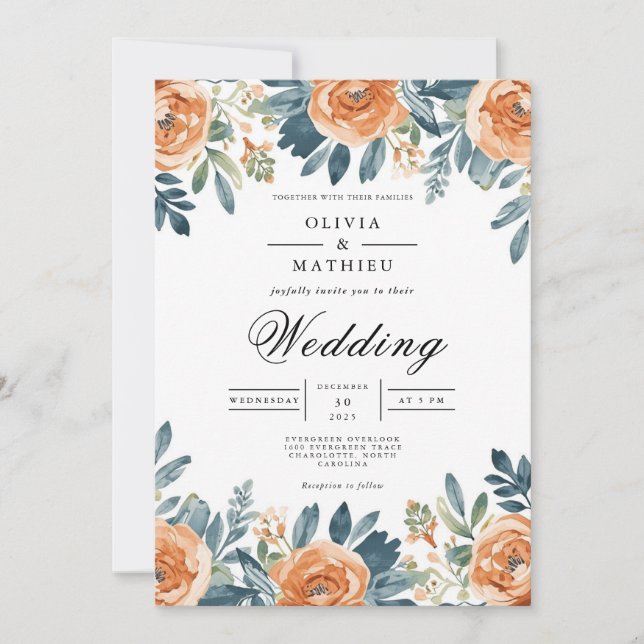 Convite Casamento de Cor Floral de Laranja Queimada (Frente)