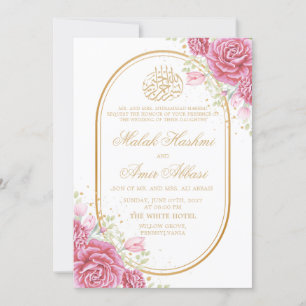 Convite Casamento de cor rosa Floral e Rosa Branco muçulma
