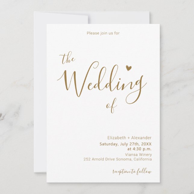 Convite Casamento de Coração com Script de Caligrafia Dour (Frente)