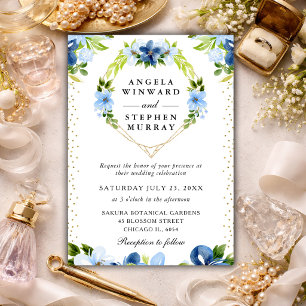 Convite Casamento de Coração das Flores Azuis e Marinhos