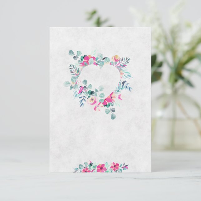 Convite Casamento de coração floral em aquarela rosa Branc (Em pé/Frente)