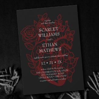 Convite Casamento de Coração Floral Vermelho e Preto Elega