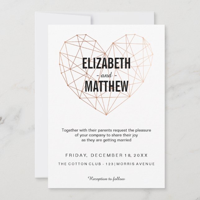 Convite Casamento de coração geométrico rosa de ouro moder (Frente)