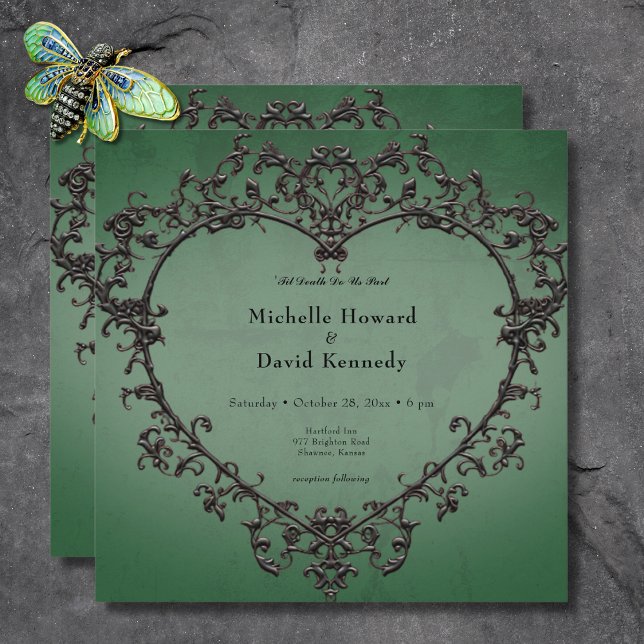 Convite Casamento de Coração Negro e Verde (Gothic Black & Green Filigree Heart Wedding Invitation)