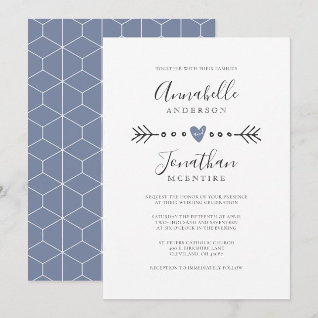 Convite Casamento de Coração Simples Geometria e Seta Azul (Frente/Verso)