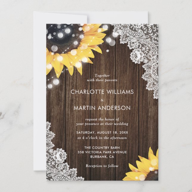 Convite Casamento de Corações de Sunflower Rustic Madeira  (Frente)