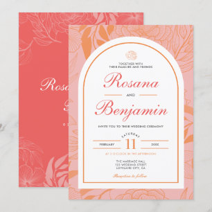 Convite Casamento de Coral Botânico Floral Moderno Elegant