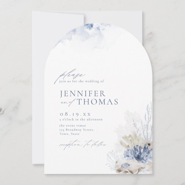 Convite Casamento de coral de aquarela azul e conchas (Frente)