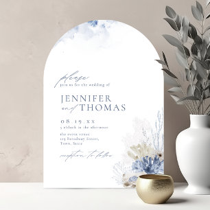 Convite Casamento de coral de aquarela azul e conchas