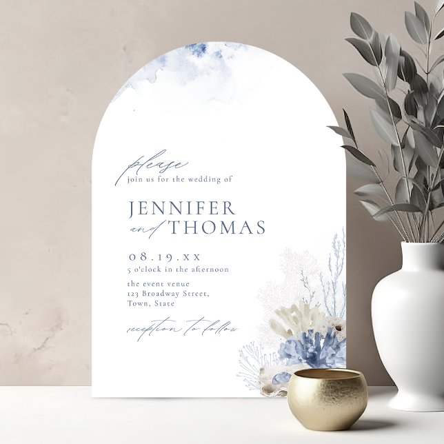 Convite Casamento de coral de aquarela azul e conchas (Blue watercolor coral & seashells beach wedding invitation)