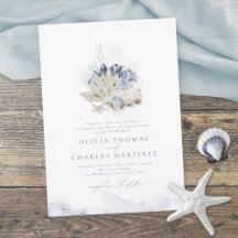Casamento de coral de aquarela azul e conchas