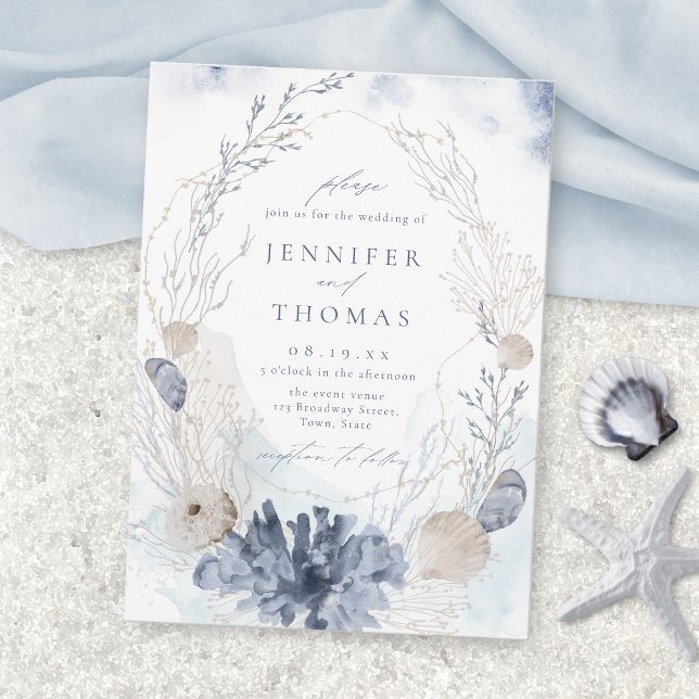 Convite Casamento de coral de aquarela azul e conchas (Blue watercolor coral & seashells beach wedding invitation)