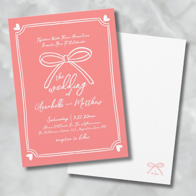 Convite Casamento de Coral de Arco Whimsical Desenhado Mão (Hand Drawn Whimsical Bow Coral Wedding Invitation)